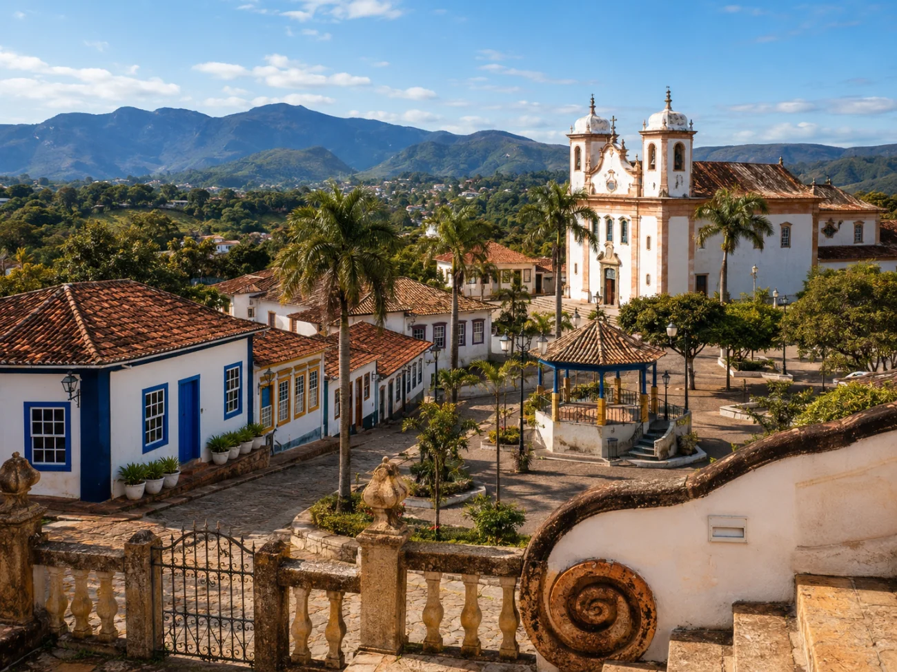 Casario colonial e igreja no centro histórico de Caeté